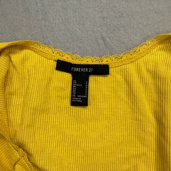 Forever 21‎ Y2K yellow Ribbed Tank Top Mushroom Embroidery Lace Trim S. Small - Picture 5 of 6